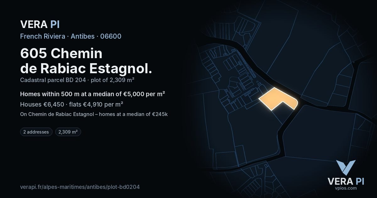 605 Chemin de Rabiac Estagnol, Antibes at night – the plot lit, the parcels around coloured by the prices near them