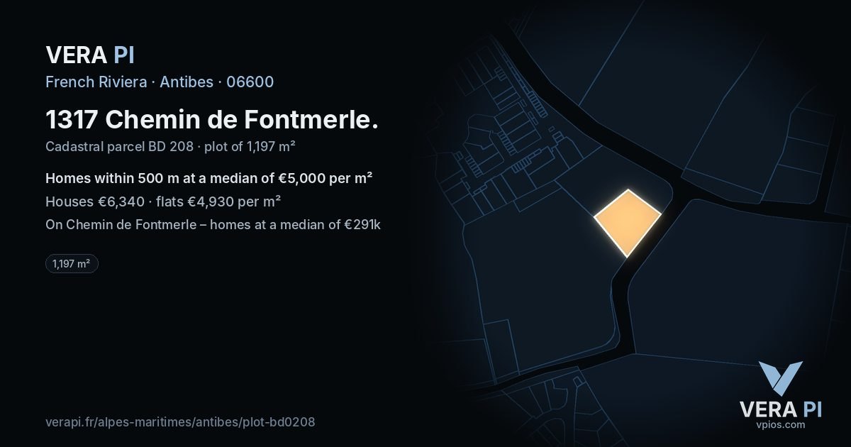 1317 Chemin de Fontmerle, Antibes at night – the plot lit, the parcels around coloured by the prices near them