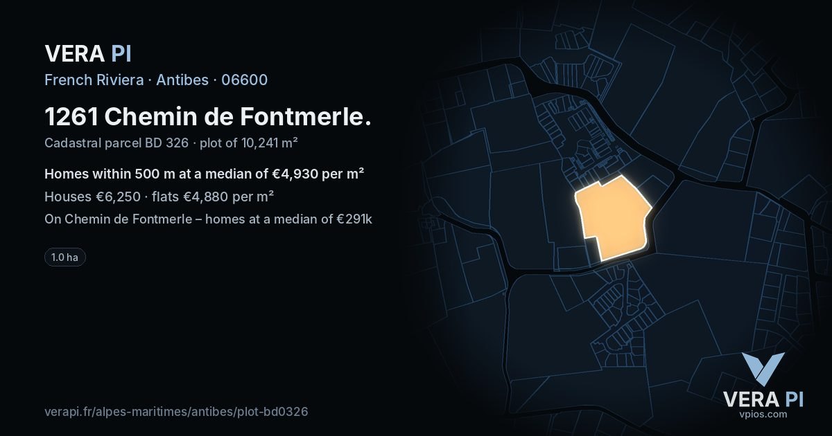 1261 Chemin de Fontmerle, Antibes at night – the plot lit, the parcels around coloured by the prices near them