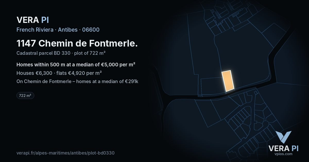1147 Chemin de Fontmerle, Antibes at night – the plot lit, the parcels around coloured by the prices near them