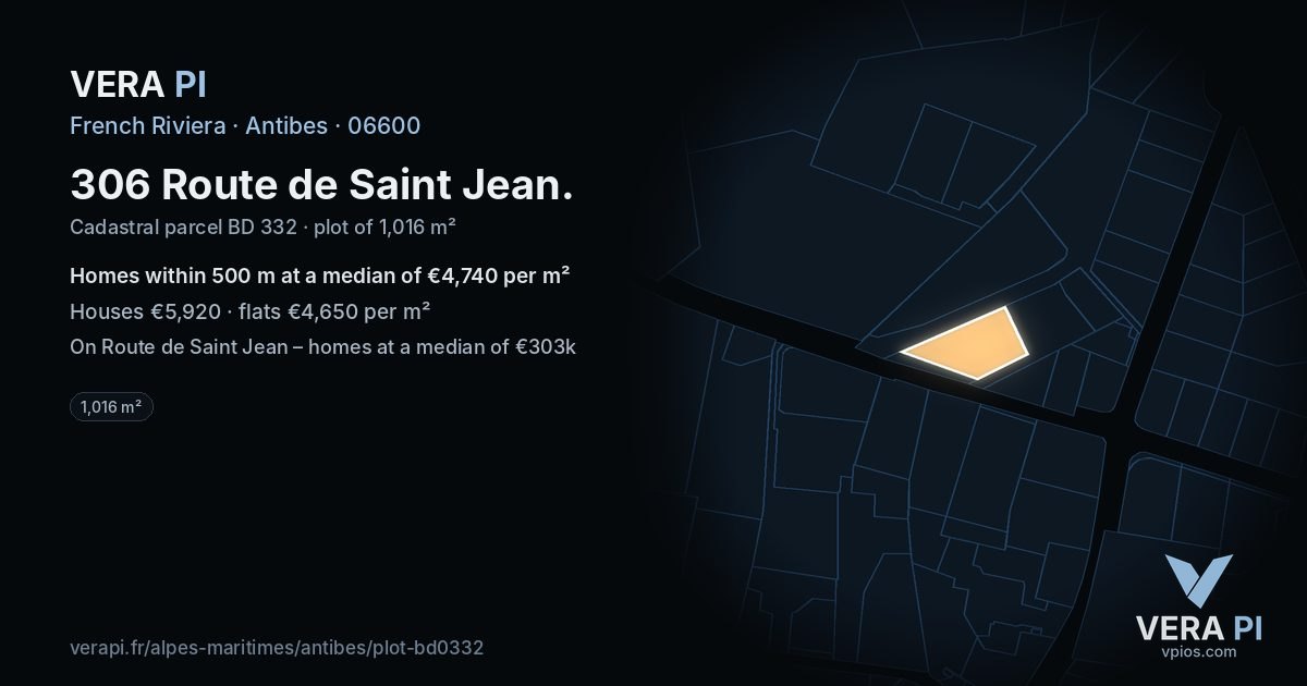 306 Route de Saint Jean, Antibes at night – the plot lit, the parcels around coloured by the prices near them