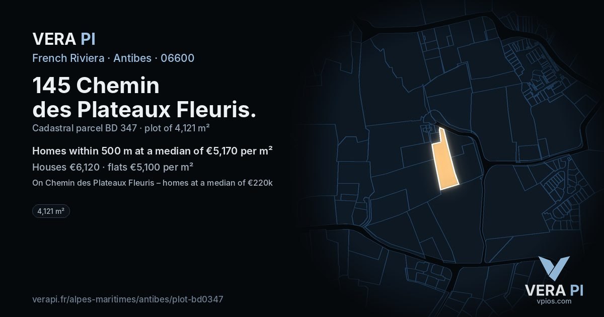145 Chemin des Plateaux Fleuris, Antibes at night – the plot lit, the parcels around coloured by the prices near them