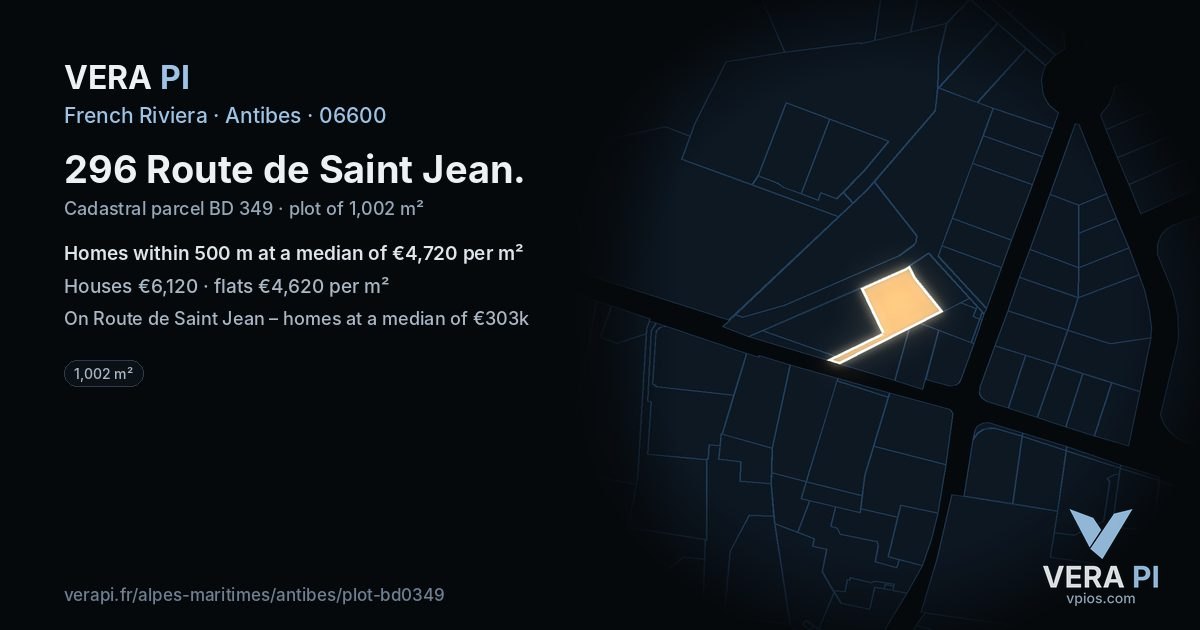 296 Route de Saint Jean, Antibes at night – the plot lit, the parcels around coloured by the prices near them