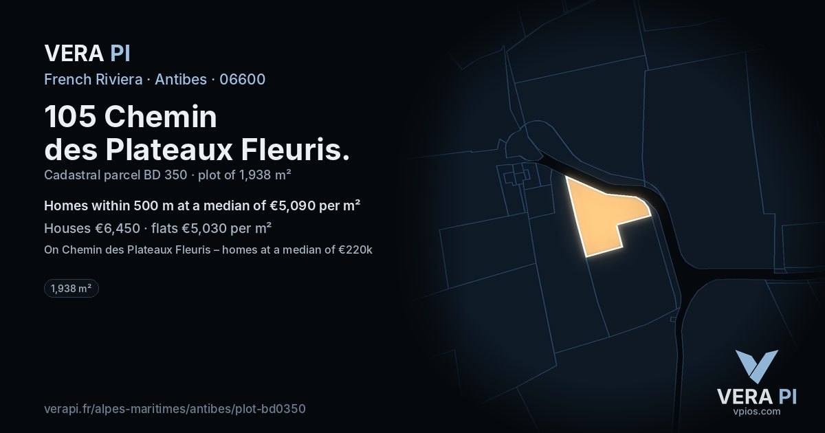 105 Chemin des Plateaux Fleuris, Antibes at night – the plot lit, the parcels around coloured by the prices near them