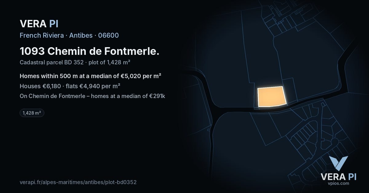 1093 Chemin de Fontmerle, Antibes at night – the plot lit, the parcels around coloured by the prices near them