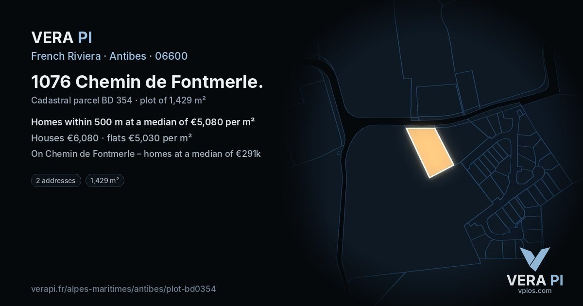 1076 Chemin de Fontmerle, Antibes at night – the plot lit, the parcels around coloured by the prices near them
