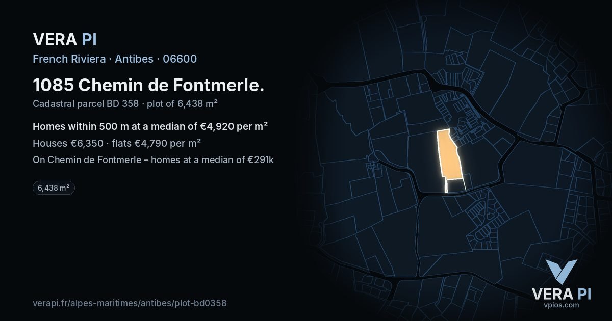 1085 Chemin de Fontmerle, Antibes at night – the plot lit, the parcels around coloured by the prices near them