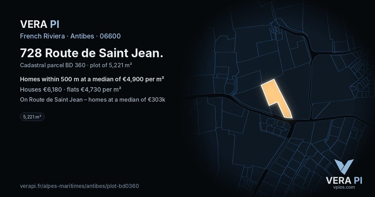728 Route de Saint Jean, Antibes at night – the plot lit, the parcels around coloured by the prices near them