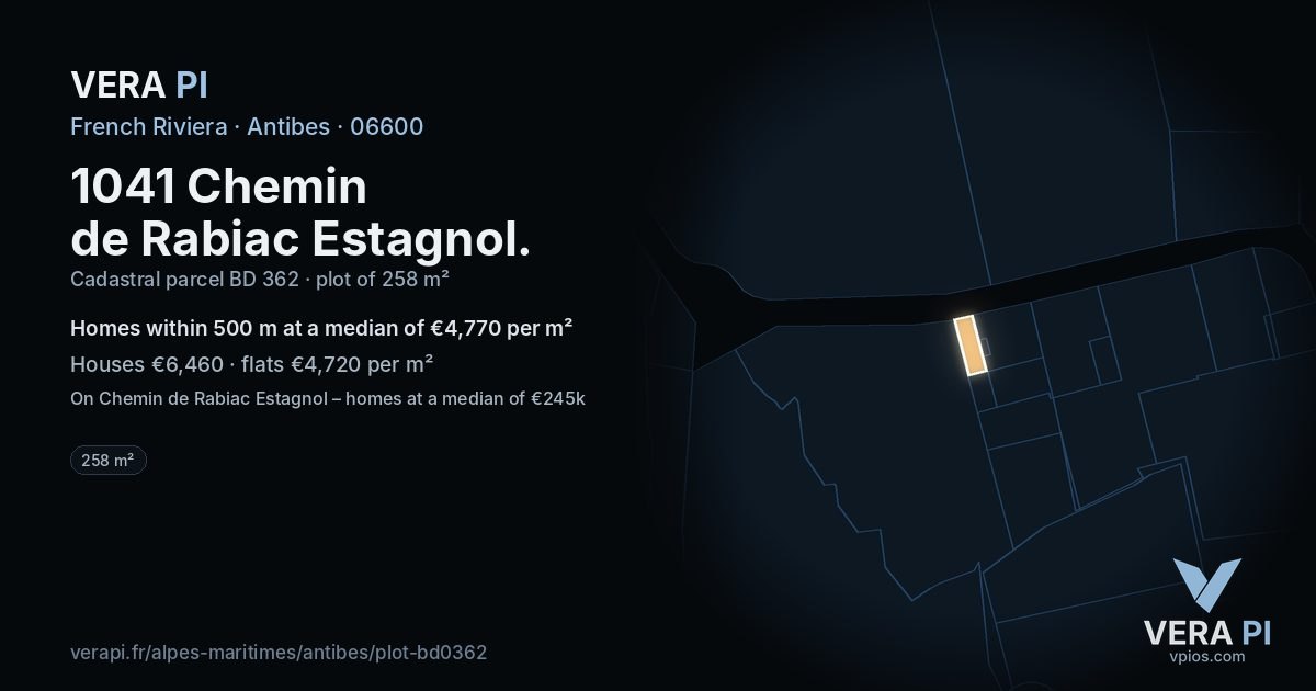 1041 Chemin de Rabiac Estagnol, Antibes at night – the plot lit, the parcels around coloured by the prices near them