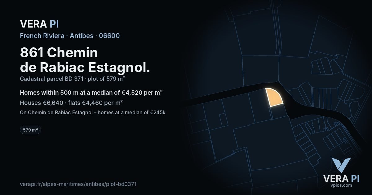 861 Chemin de Rabiac Estagnol, Antibes at night – the plot lit, the parcels around coloured by the prices near them