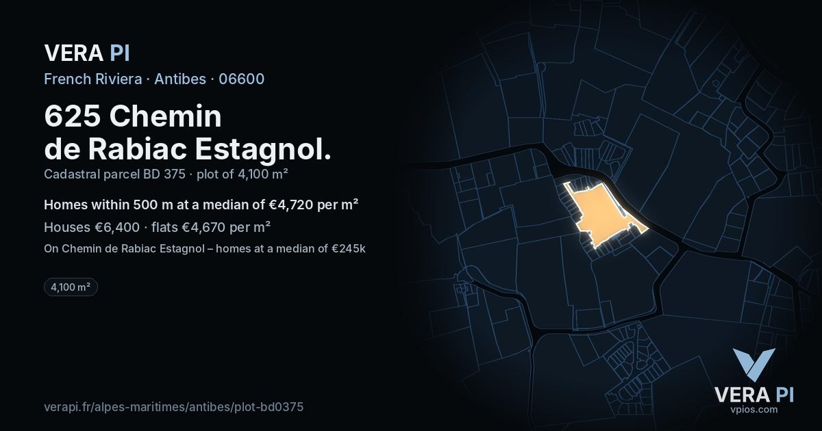 625 Chemin de Rabiac Estagnol, Antibes at night – the plot lit, the parcels around coloured by the prices near them