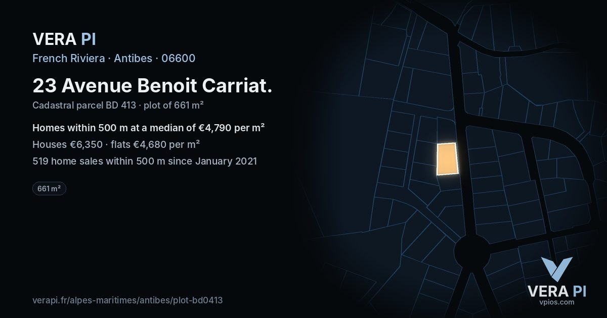 23 Avenue Benoit Carriat, Antibes at night – the plot lit, the parcels around coloured by the prices near them