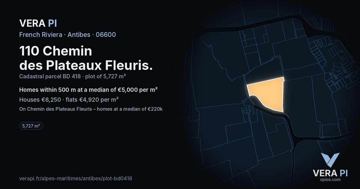 110 Chemin des Plateaux Fleuris, Antibes at night – the plot lit, the parcels around coloured by the prices near them