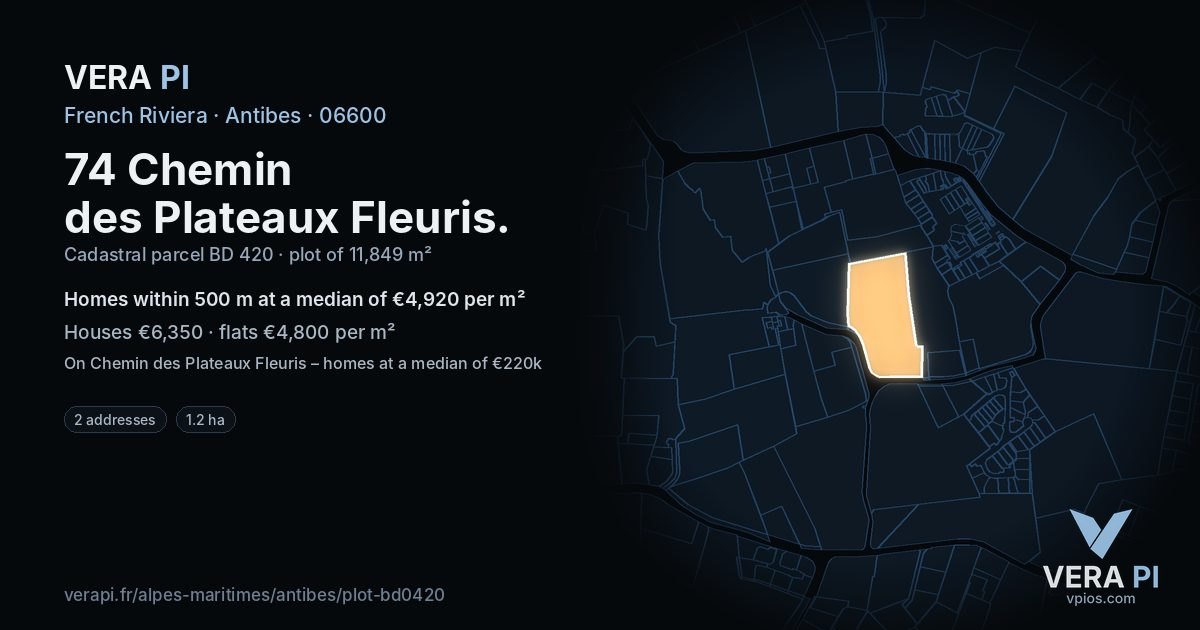 74 Chemin des Plateaux Fleuris, Antibes at night – the plot lit, the parcels around coloured by the prices near them