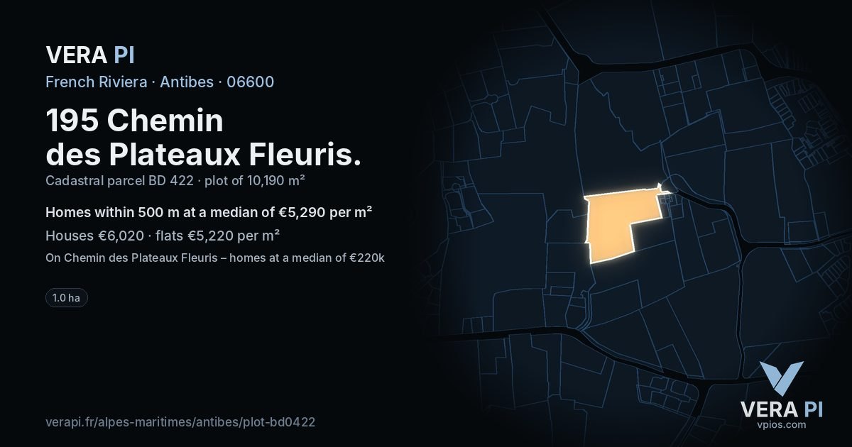 195 Chemin des Plateaux Fleuris, Antibes at night – the plot lit, the parcels around coloured by the prices near them