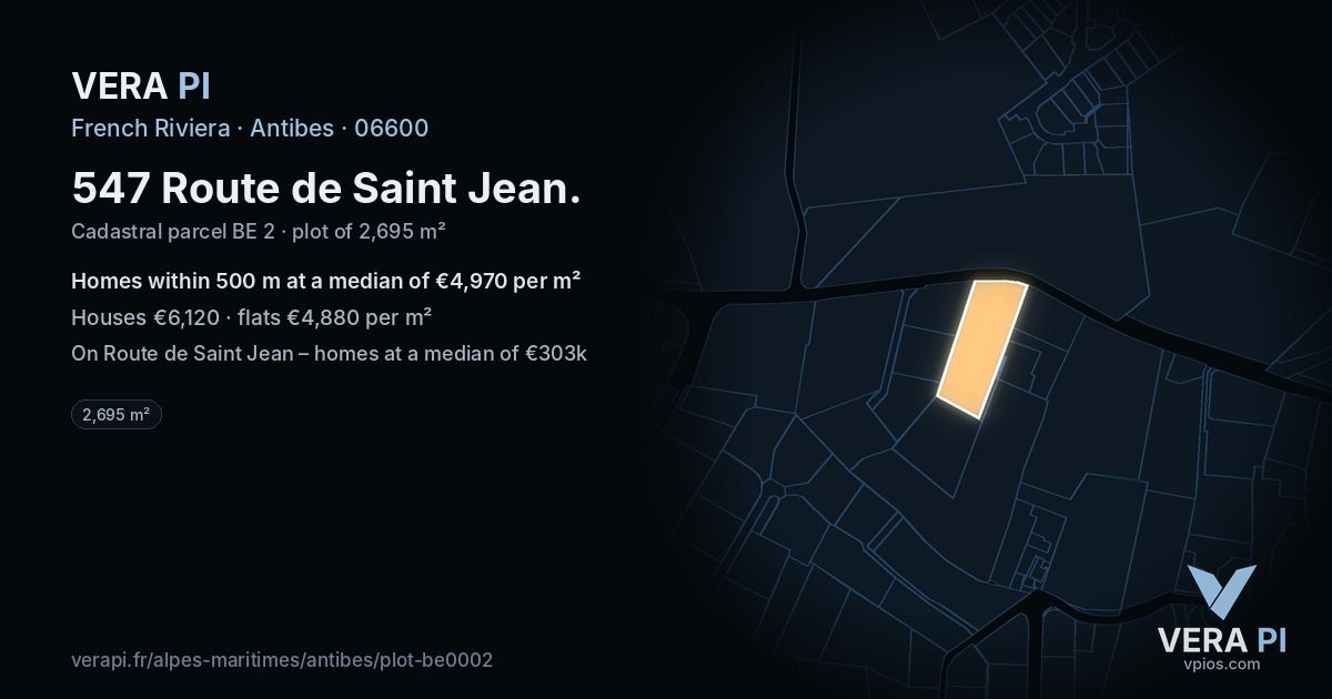 547 Route de Saint Jean, Antibes at night – the plot lit, the parcels around coloured by the prices near them