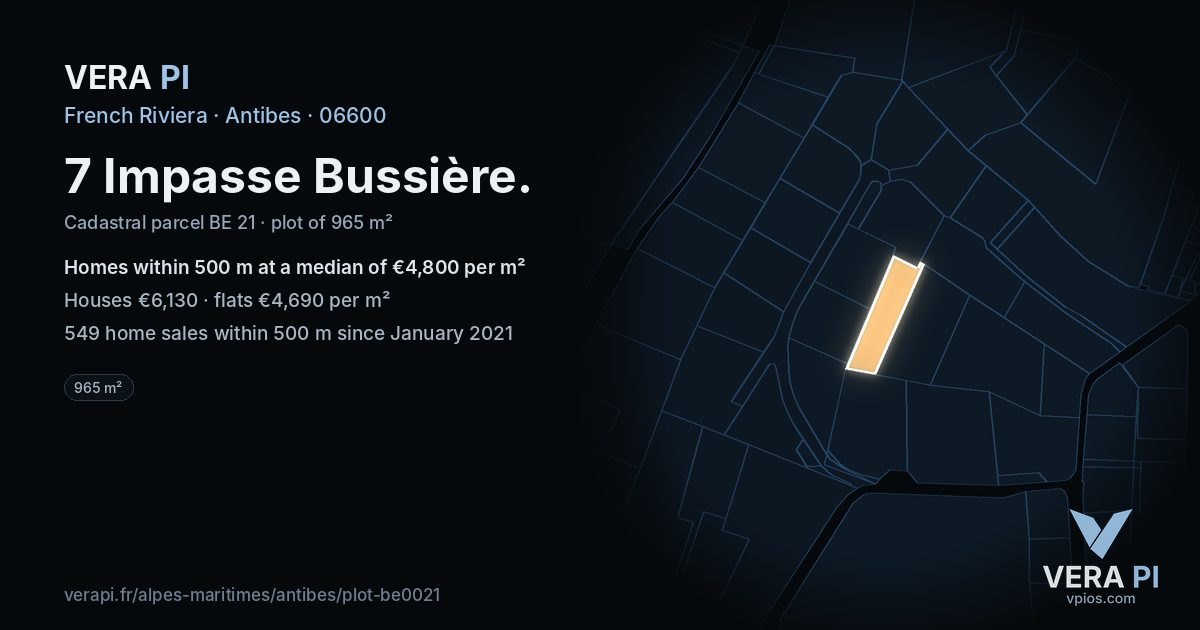 7 Impasse Bussière, Antibes at night – the plot lit, the parcels around coloured by the prices near them