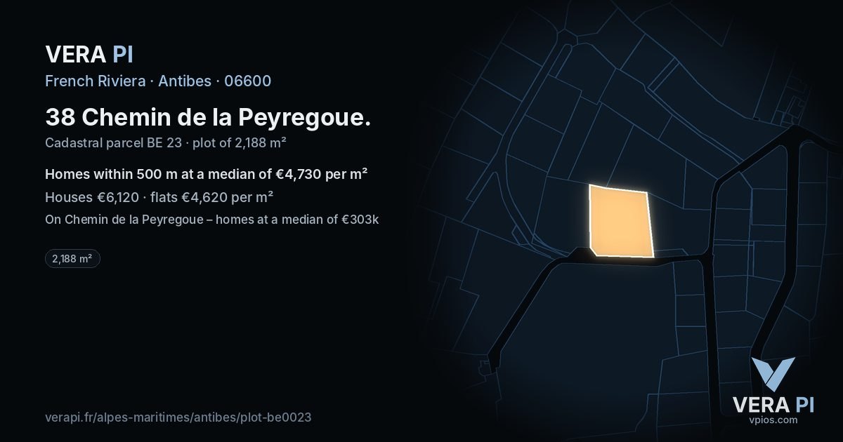 38 Chemin de la Peyregoue, Antibes at night – the plot lit, the parcels around coloured by the prices near them