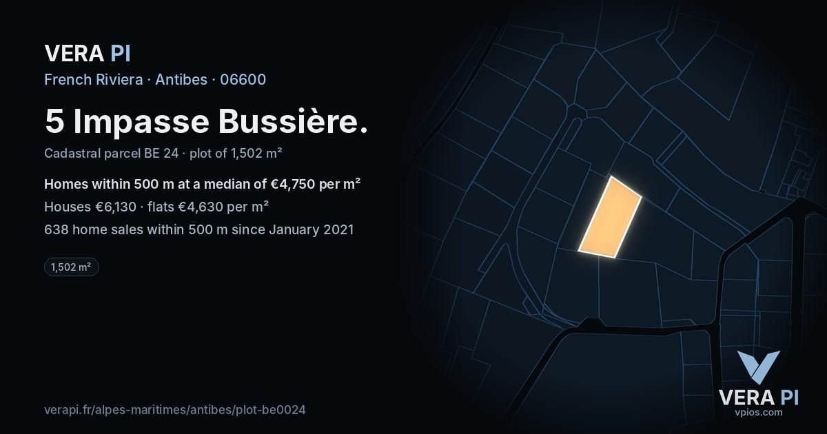 5 Impasse Bussière, Antibes at night – the plot lit, the parcels around coloured by the prices near them