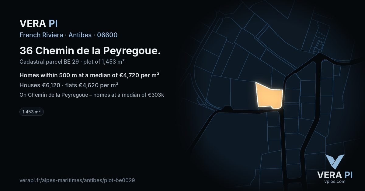 36 Chemin de la Peyregoue, Antibes at night – the plot lit, the parcels around coloured by the prices near them