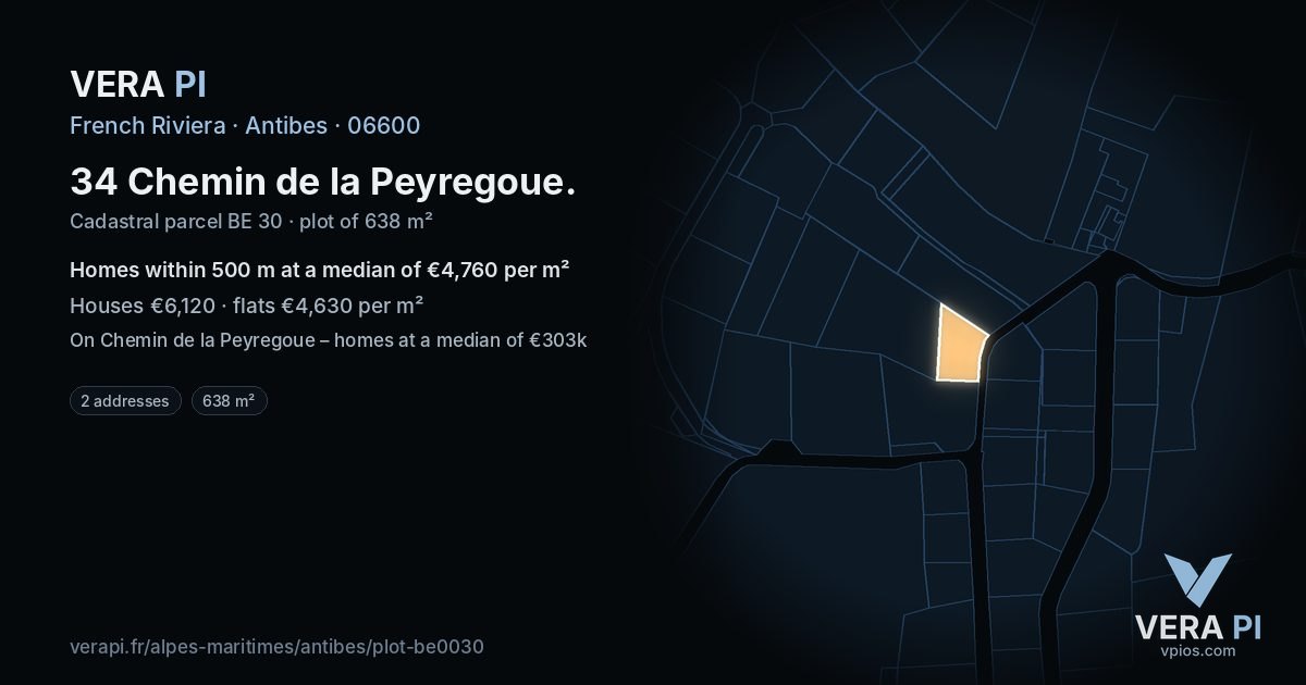 34 Chemin de la Peyregoue, Antibes at night – the plot lit, the parcels around coloured by the prices near them
