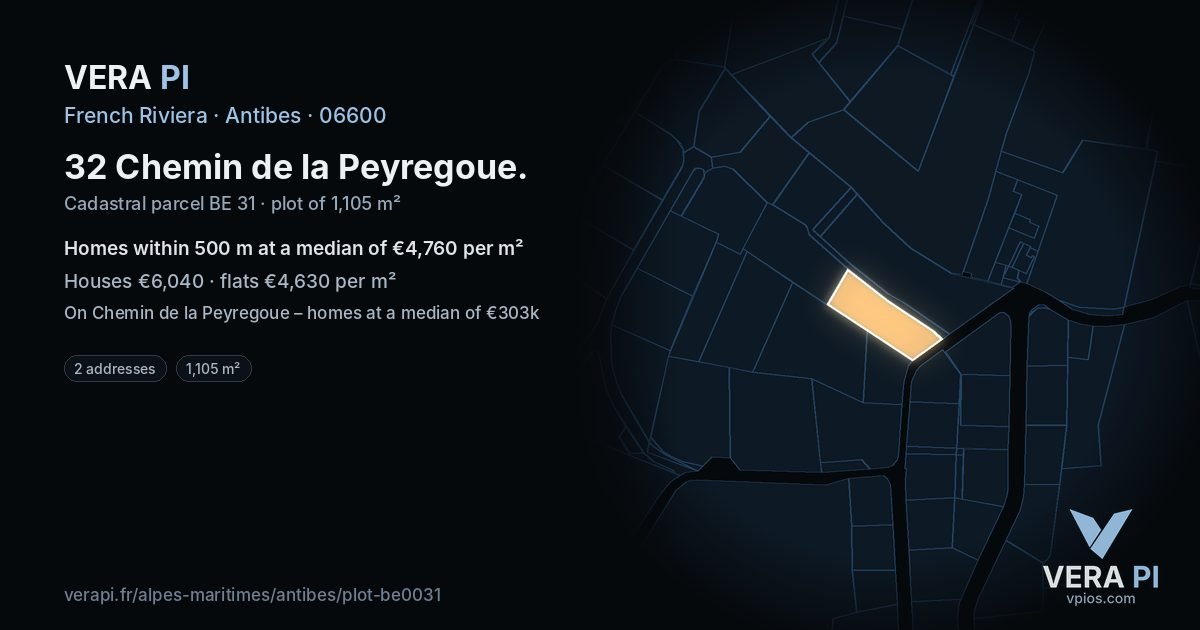 32 Chemin de la Peyregoue, Antibes at night – the plot lit, the parcels around coloured by the prices near them