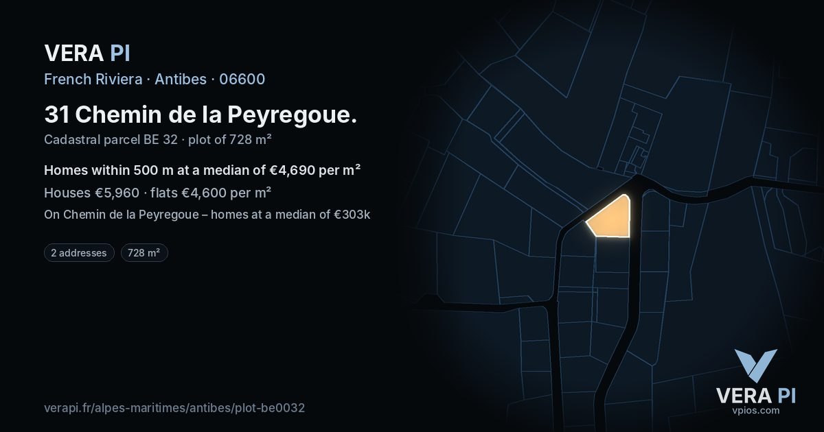 31 Chemin de la Peyregoue, Antibes at night – the plot lit, the parcels around coloured by the prices near them
