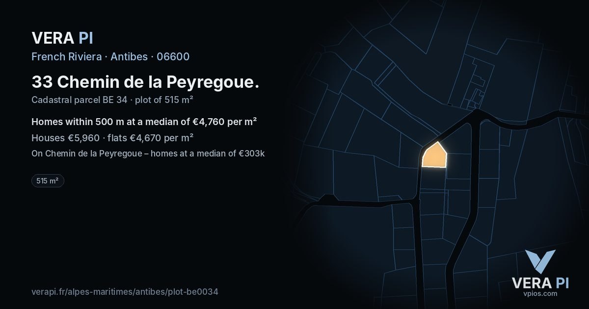 33 Chemin de la Peyregoue, Antibes at night – the plot lit, the parcels around coloured by the prices near them