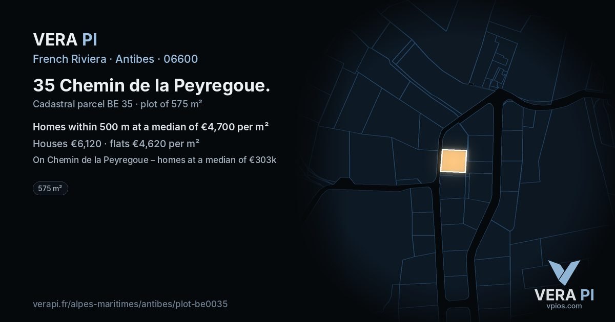 35 Chemin de la Peyregoue, Antibes at night – the plot lit, the parcels around coloured by the prices near them