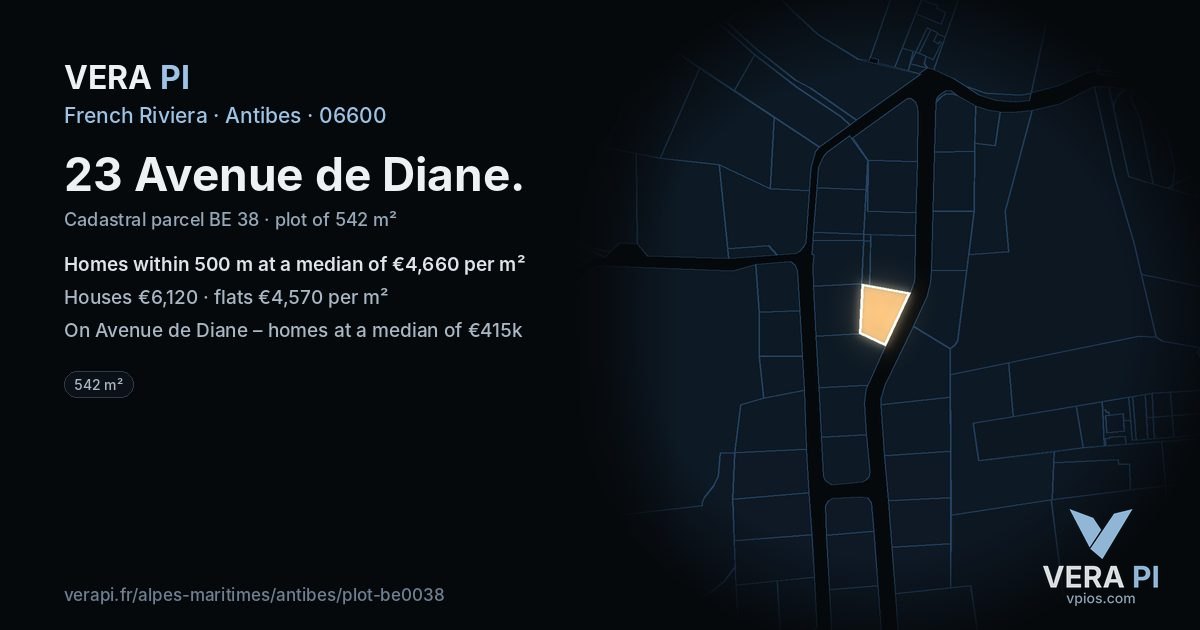 23 Avenue de Diane, Antibes at night – the plot lit, the parcels around coloured by the prices near them