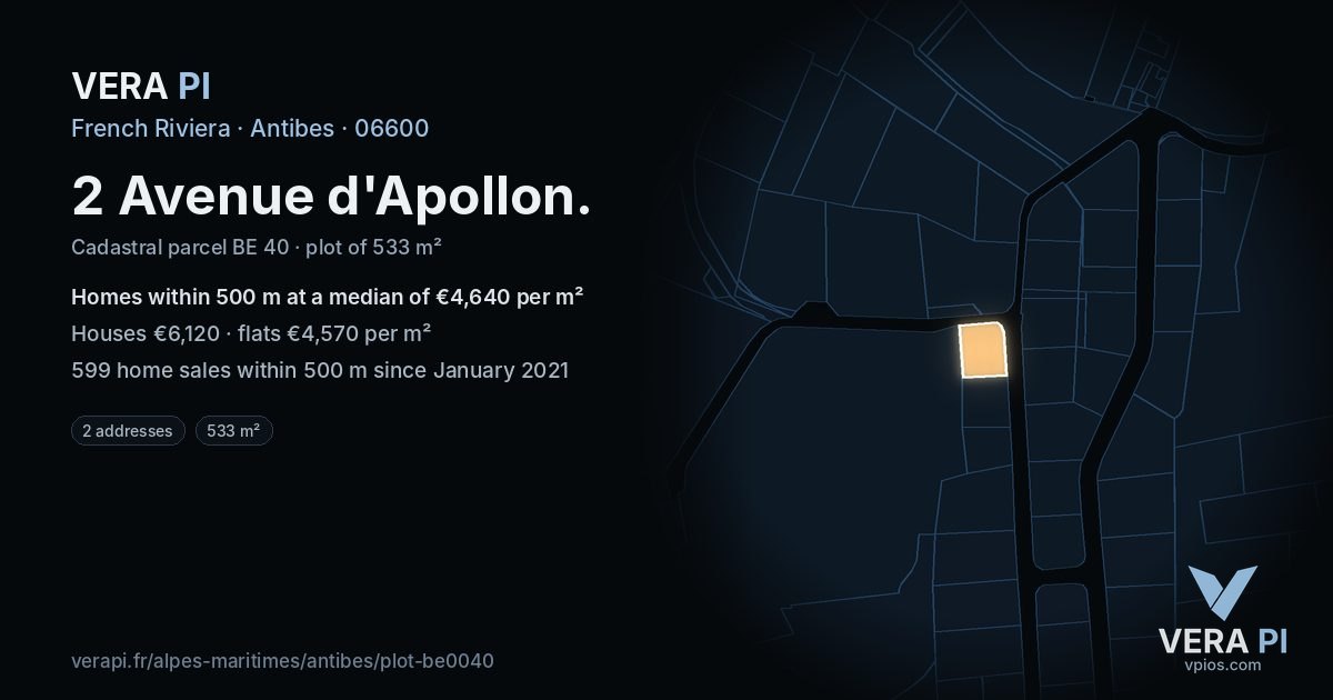 2 Avenue d'Apollon, Antibes at night – the plot lit, the parcels around coloured by the prices near them