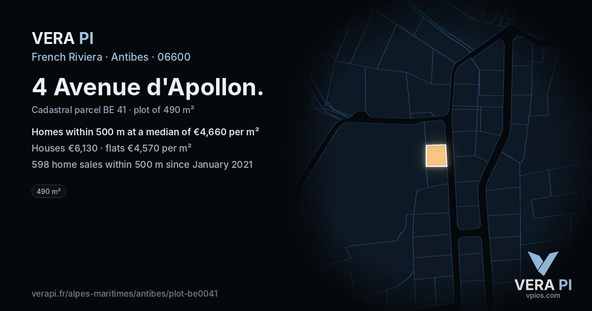 4 Avenue d'Apollon, Antibes at night – the plot lit, the parcels around coloured by the prices near them