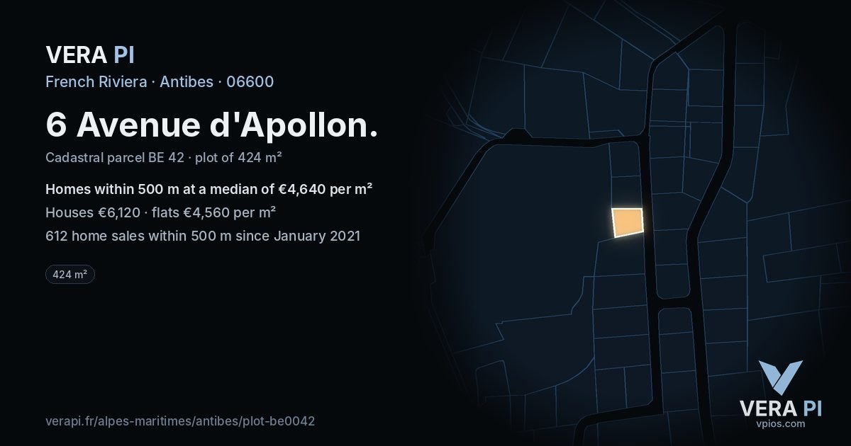 6 Avenue d'Apollon, Antibes at night – the plot lit, the parcels around coloured by the prices near them