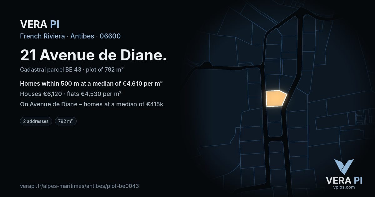 21 Avenue de Diane, Antibes at night – the plot lit, the parcels around coloured by the prices near them