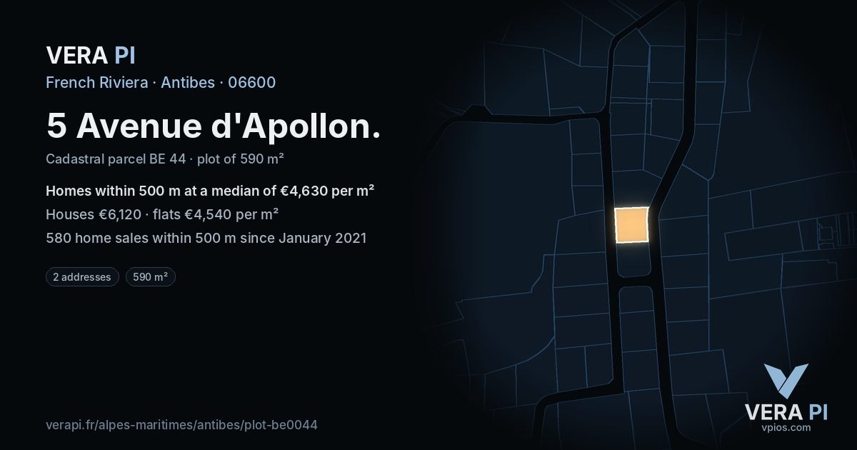 5 Avenue d'Apollon, Antibes at night – the plot lit, the parcels around coloured by the prices near them