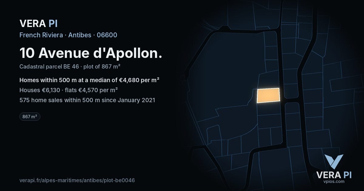 10 Avenue d'Apollon, Antibes at night – the plot lit, the parcels around coloured by the prices near them