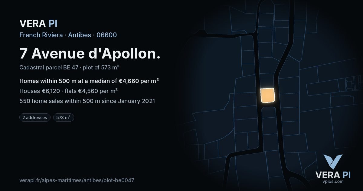 7 Avenue d'Apollon, Antibes at night – the plot lit, the parcels around coloured by the prices near them