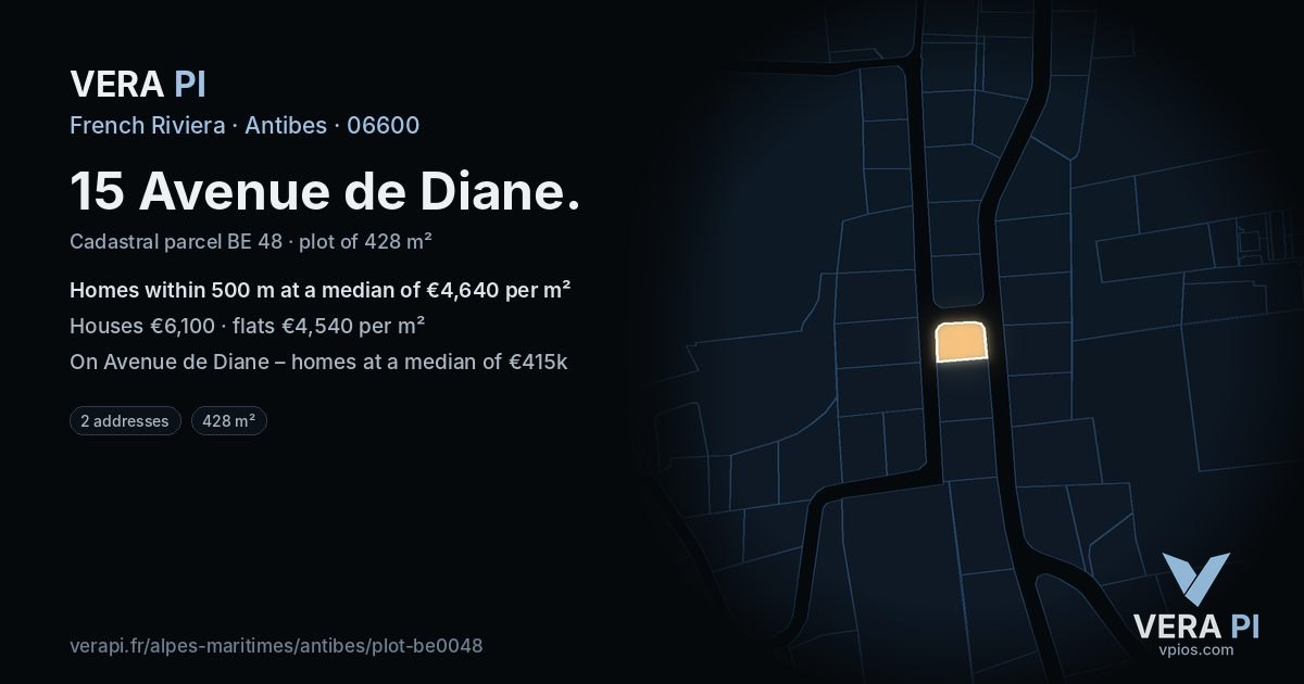15 Avenue de Diane, Antibes at night – the plot lit, the parcels around coloured by the prices near them