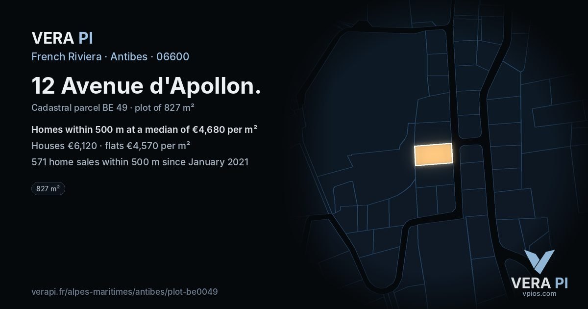 12 Avenue d'Apollon, Antibes at night – the plot lit, the parcels around coloured by the prices near them