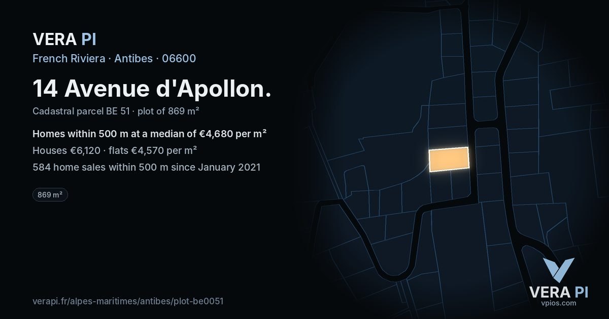 14 Avenue d'Apollon, Antibes at night – the plot lit, the parcels around coloured by the prices near them