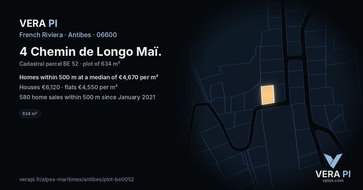 4 Chemin de Longo Maï, Antibes at night – the plot lit, the parcels around coloured by the prices near them