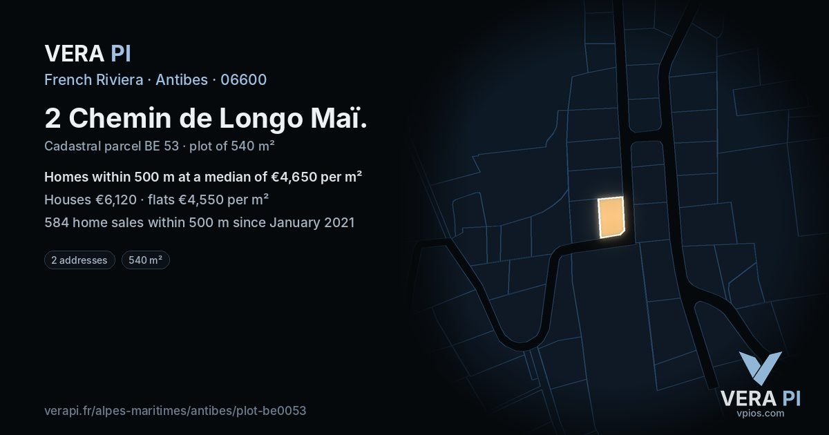 2 Chemin de Longo Maï, Antibes at night – the plot lit, the parcels around coloured by the prices near them