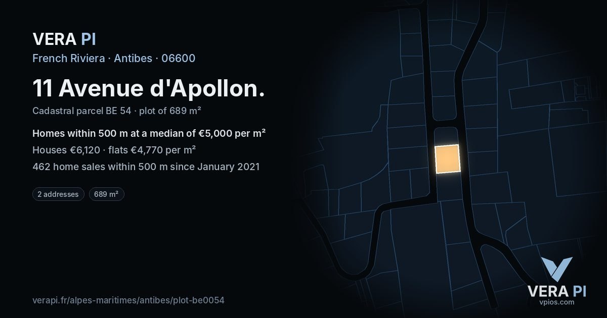11 Avenue d'Apollon, Antibes at night – the plot lit, the parcels around coloured by the prices near them