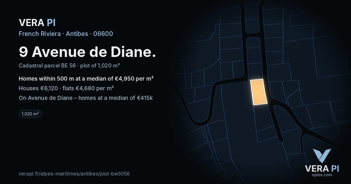 9 Avenue de Diane, Antibes at night – the plot lit, the parcels around coloured by the prices near them