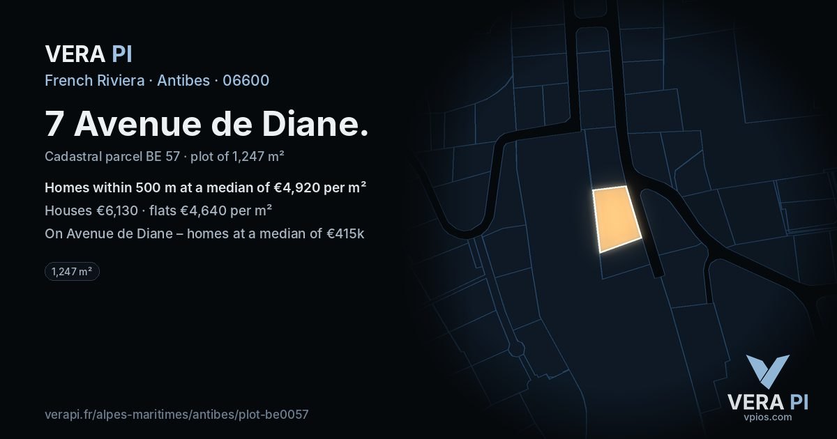 7 Avenue de Diane, Antibes at night – the plot lit, the parcels around coloured by the prices near them