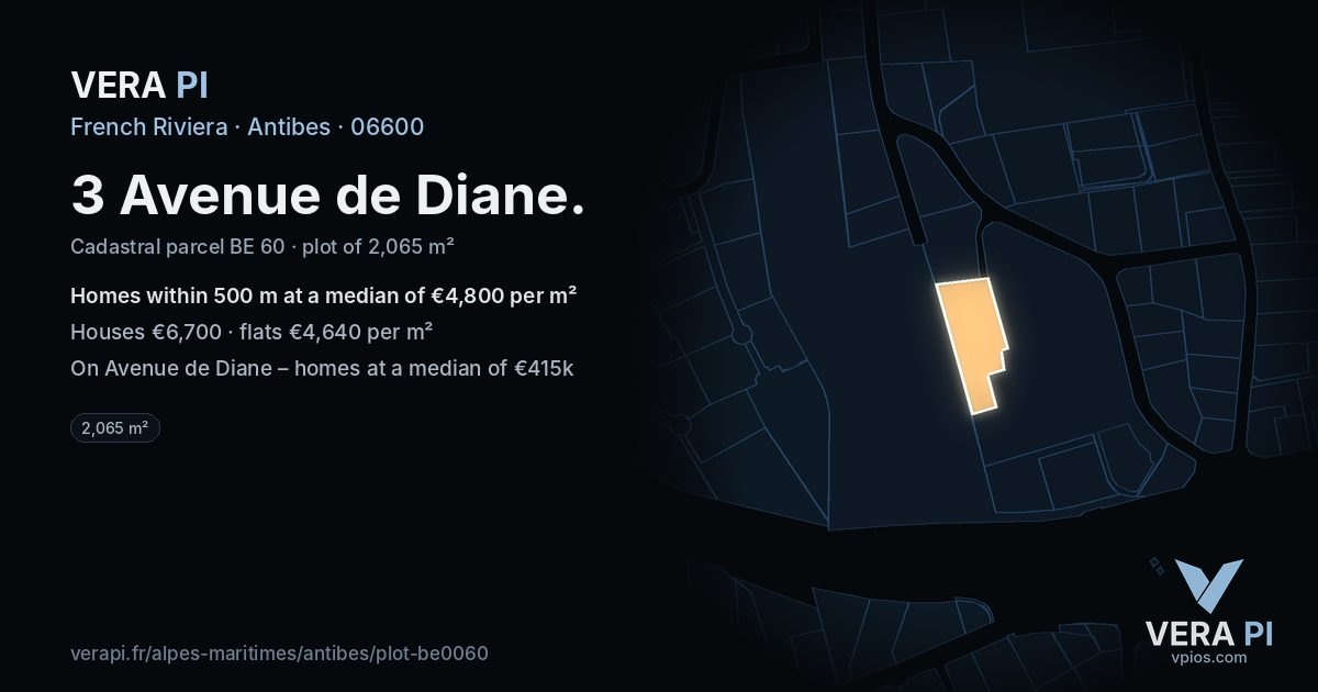 3 Avenue de Diane, Antibes at night – the plot lit, the parcels around coloured by the prices near them