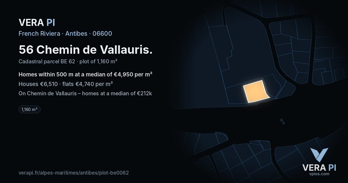 56 Chemin de Vallauris, Antibes at night – the plot lit, the parcels around coloured by the prices near them