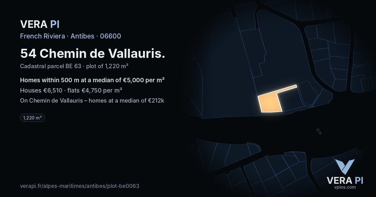 54 Chemin de Vallauris, Antibes at night – the plot lit, the parcels around coloured by the prices near them