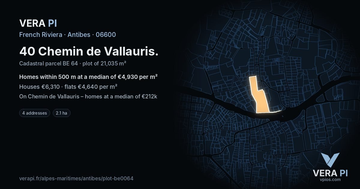 40 Chemin de Vallauris, Antibes at night – the plot lit, the parcels around coloured by the prices near them