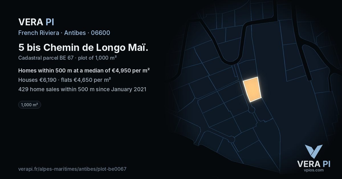 5 bis Chemin de Longo Maï, Antibes at night – the plot lit, the parcels around coloured by the prices near them